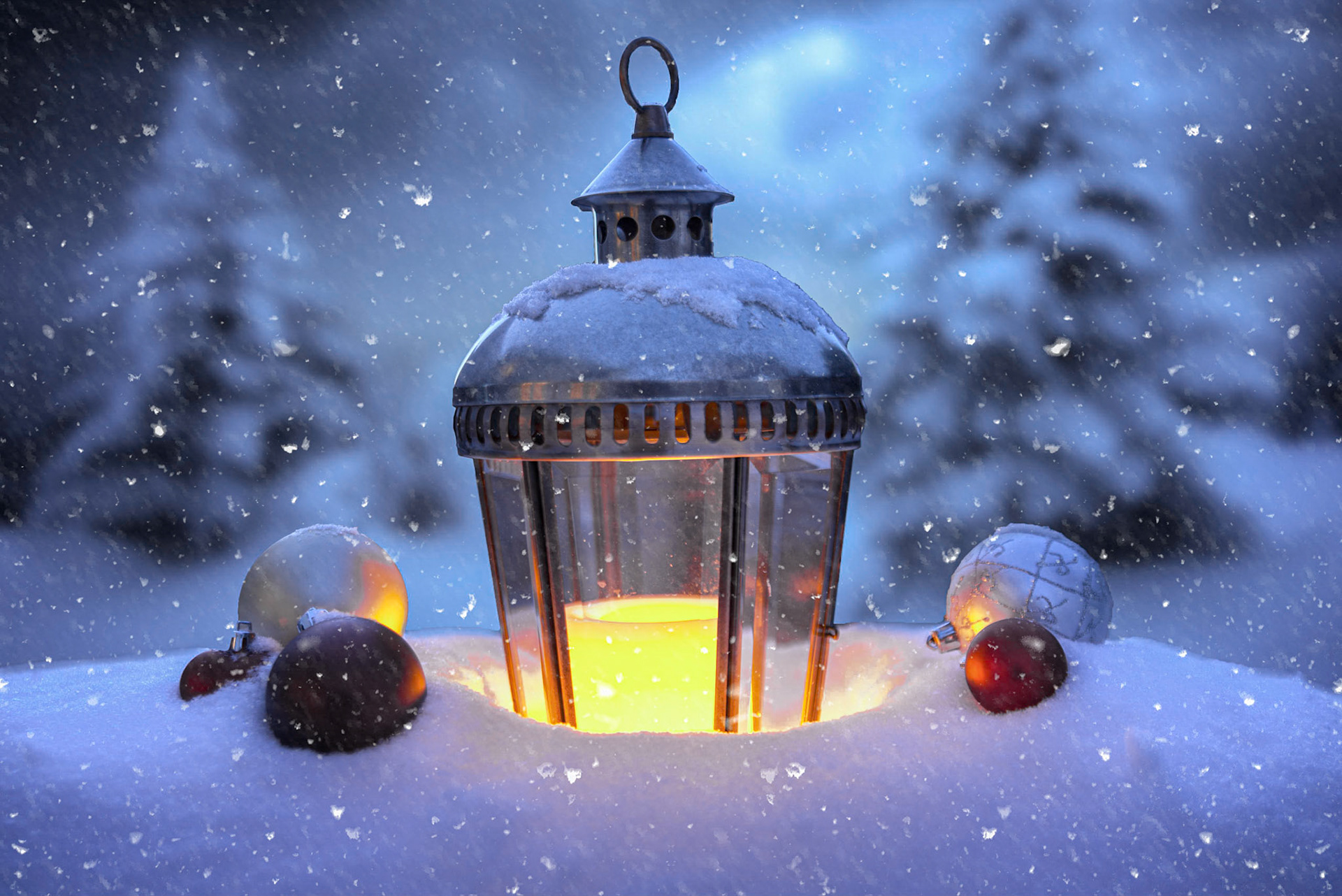 An old lantern glowing in a bed of freshly fallen snow in my backyard a couple of nights before Christmas.Multiple exposure lightpainting composite.