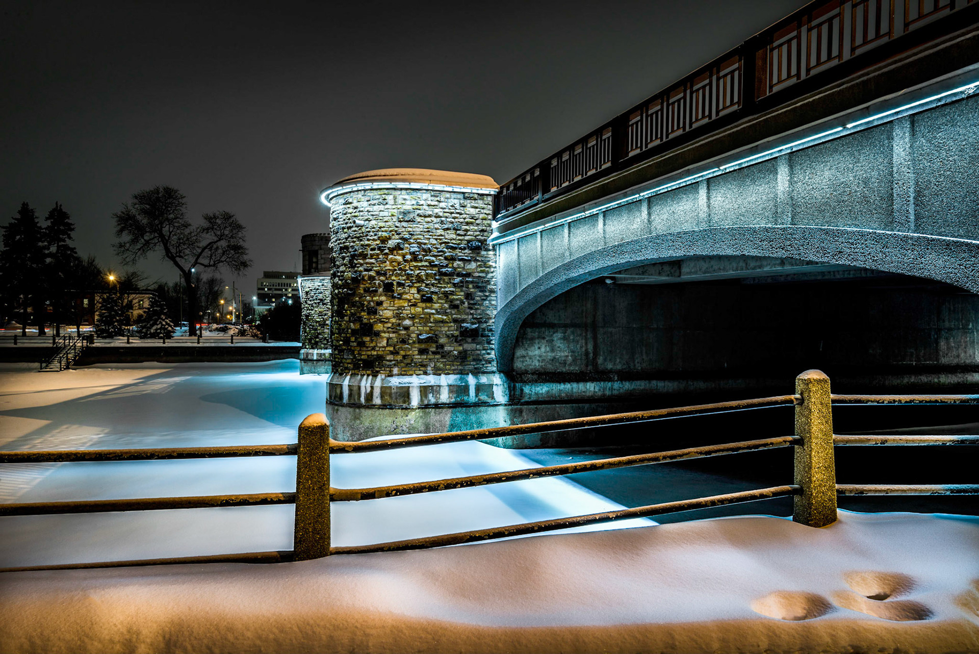 The Pretoria Bridge on the Rideau Canal on a snowy night in January. The canal isn't open yet for skaters.