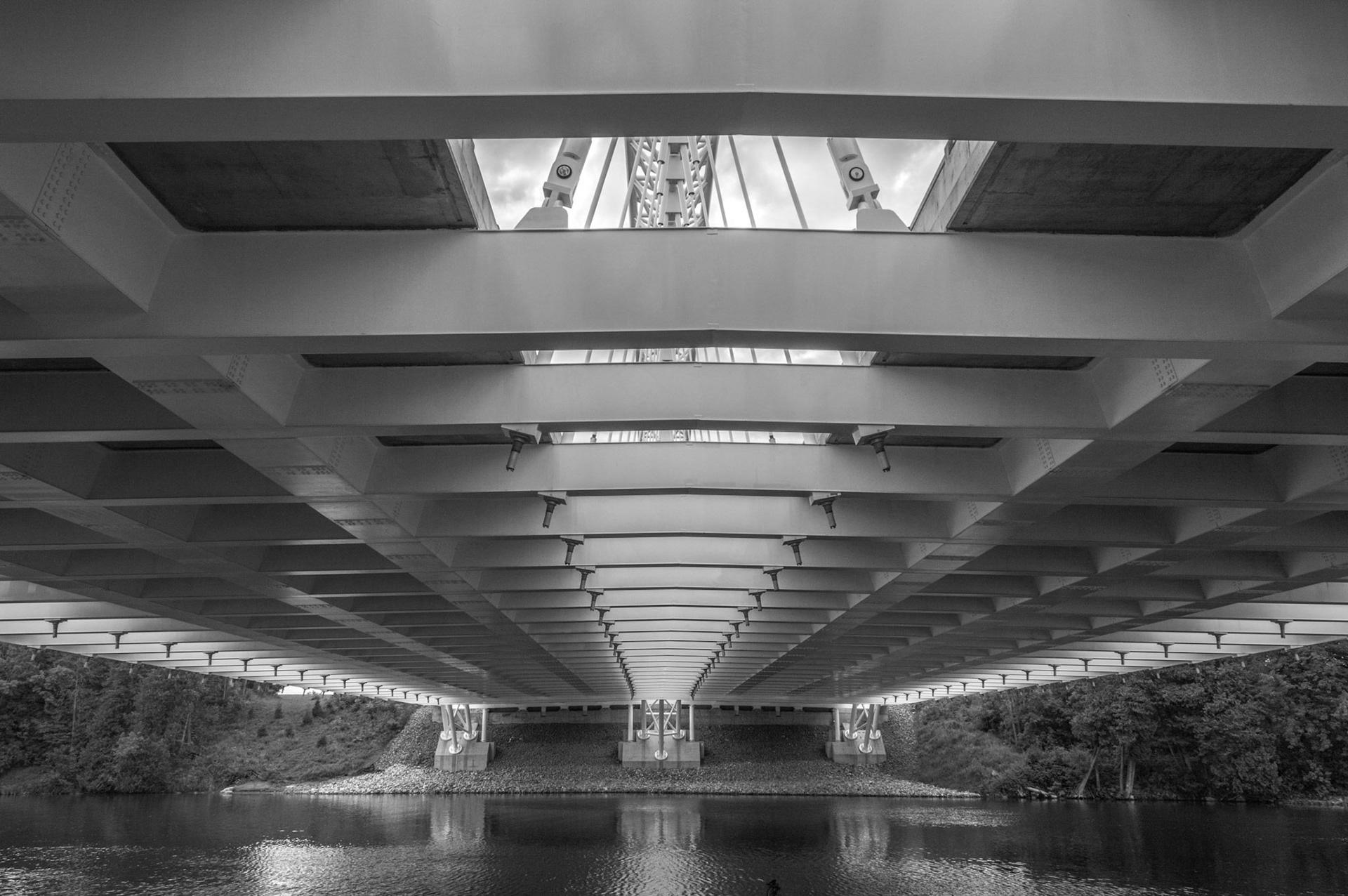 Looking up at the frame of the Vimy Memorial bridge in Manotick