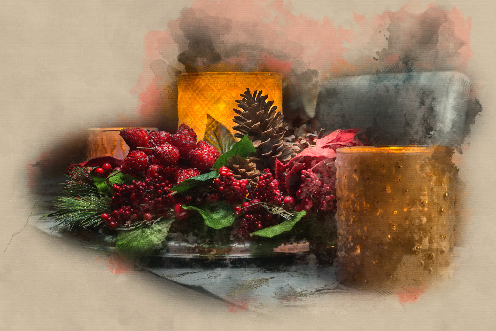 Every year Diane works on a masterpiece for the dining room table for Christmas dinner.  With the candles glowing and family gathered around it makes it beautiful.