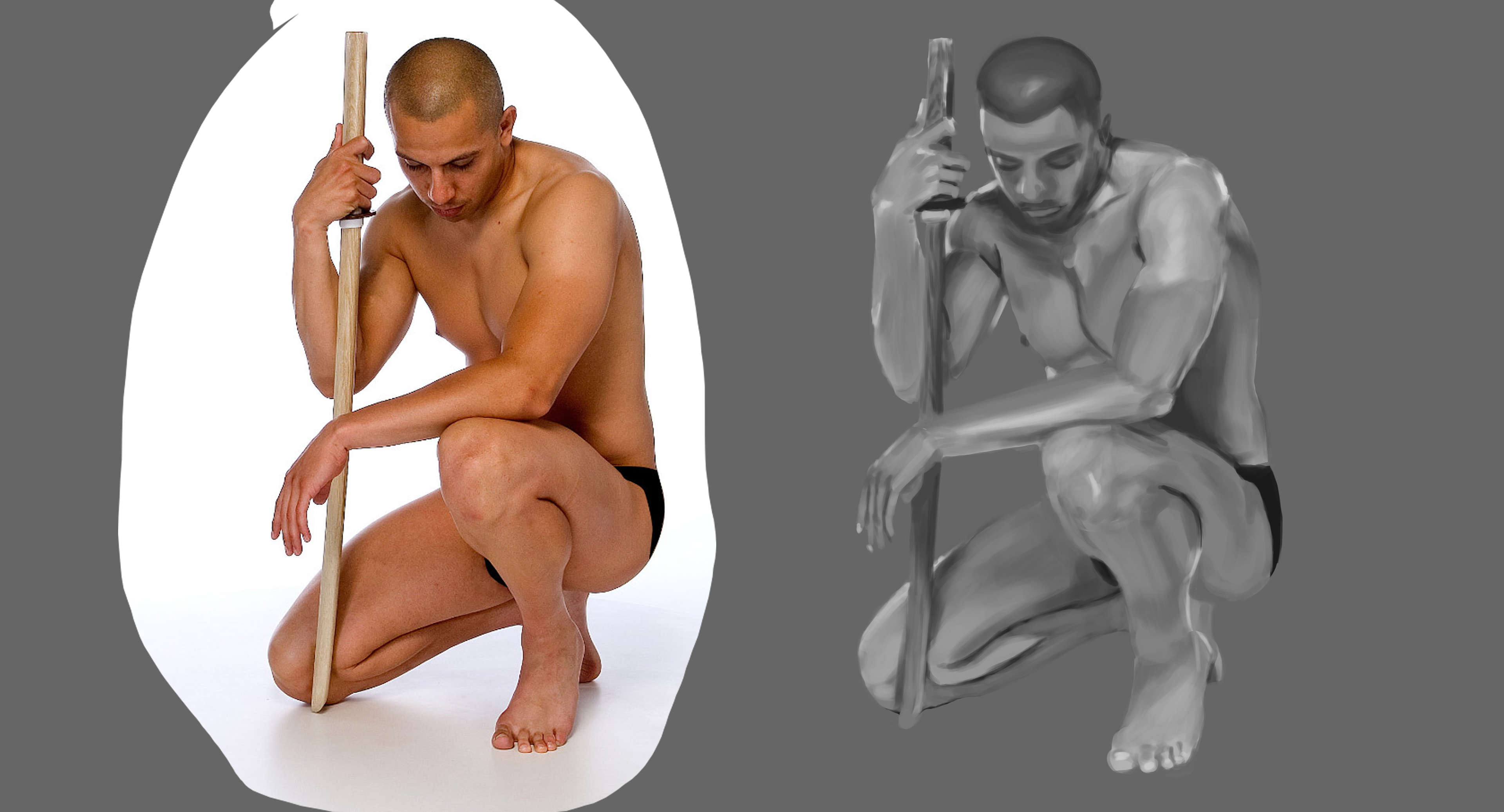 Life Drawing reference on left, value sketch on right