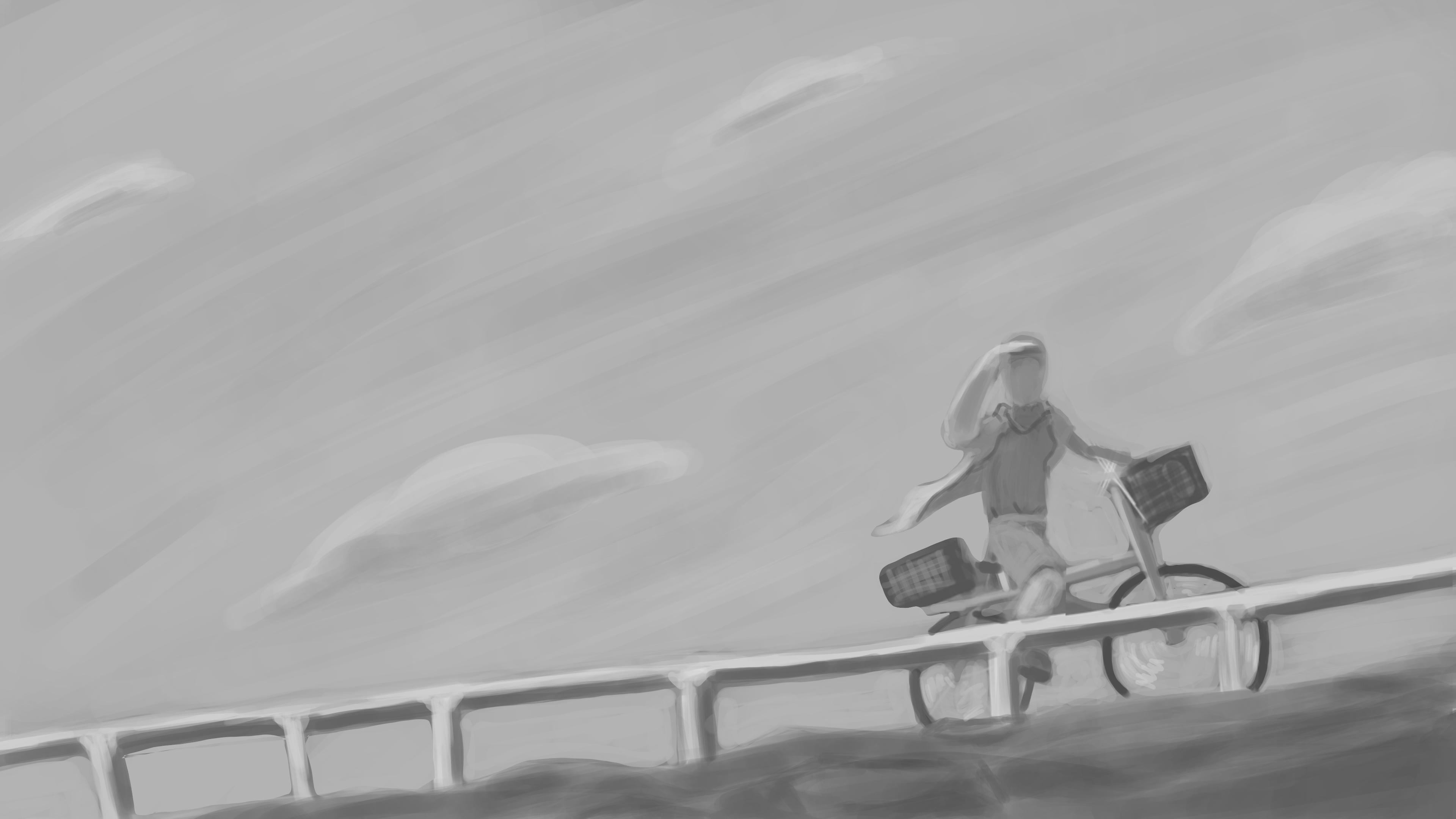 Settled on this distant shot with a focus on the character and an open background