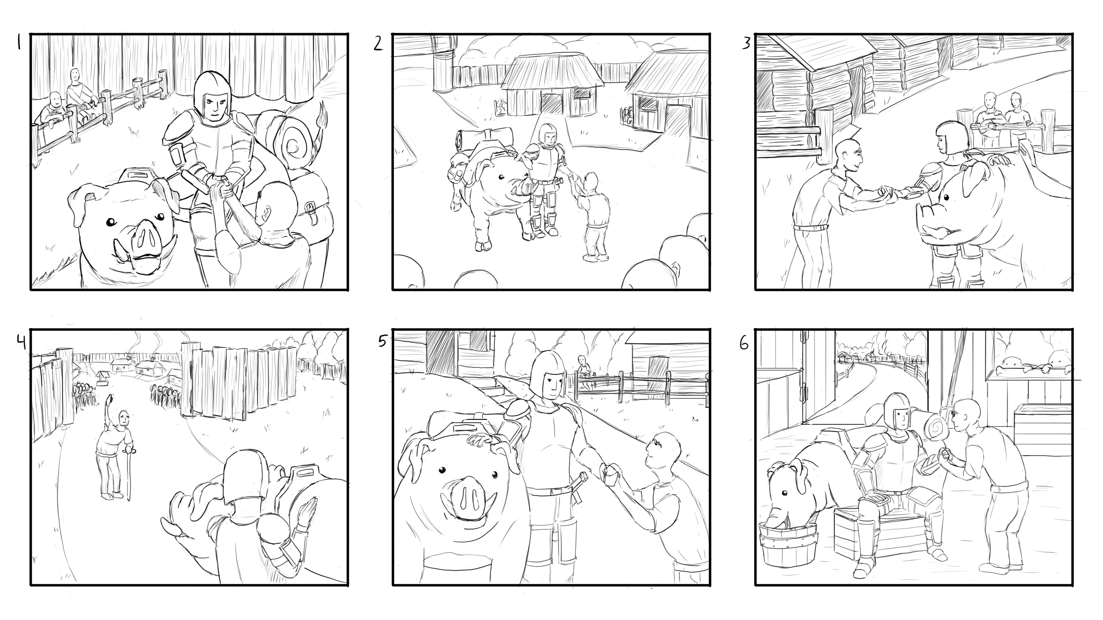 Initial sketches exploring various compositions and camera angles of warrior/elder interaction