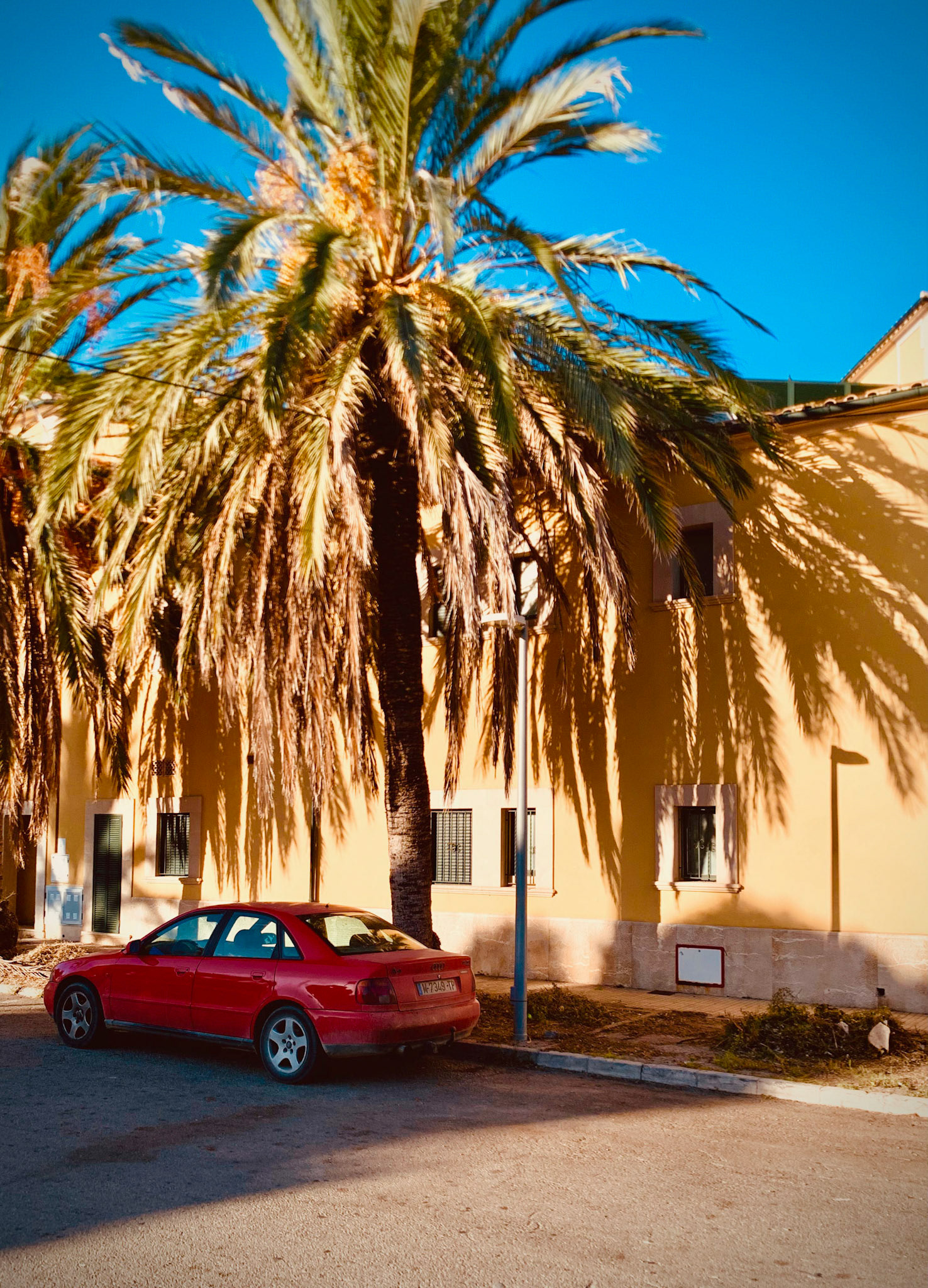Audi A4 parkt im Schatten am Straßenrand, Puerto Pollenca, Balearische Inseln, Mallorca, Spanien
