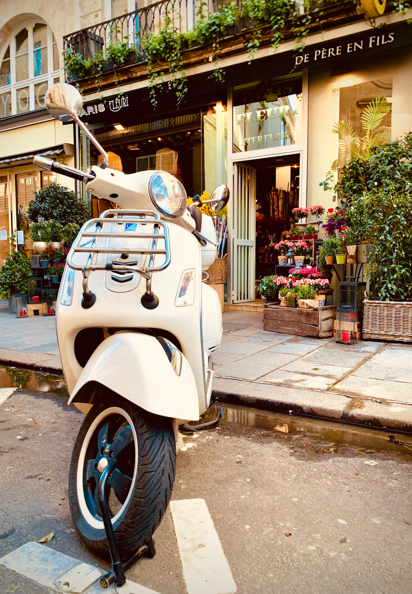 Motorroller parkend vor Blumenladen, 1. Arrondissement, Paris, Frankreich
