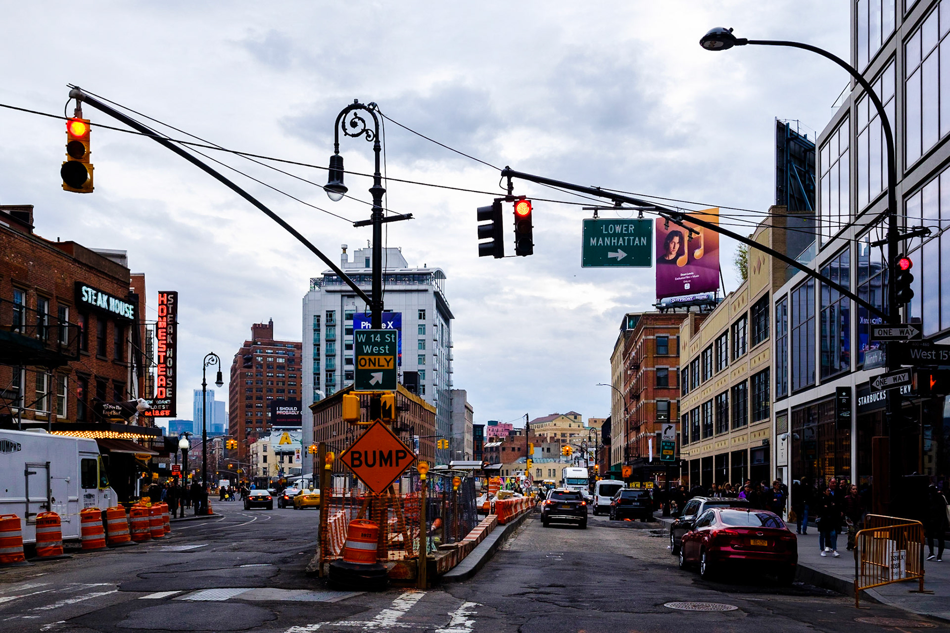 Construction works on bifurcation in Chelsea, Manhattan, New York City, USA
