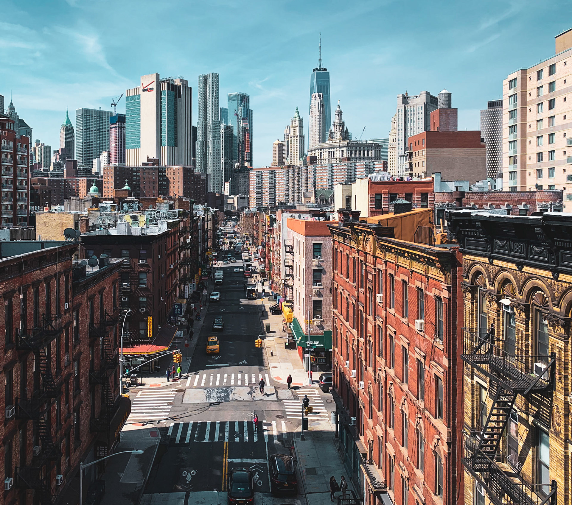 Madison street from above with skyline visible in background, Two Bridges, Manhattan, New York City, USA