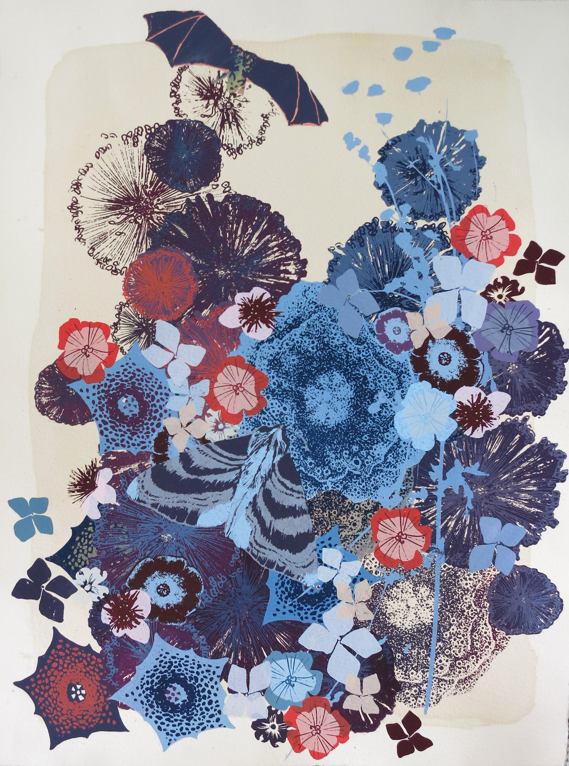 Flightpath, silkscreen on hand dyed paper, 11" x 15". From the Good Omens series