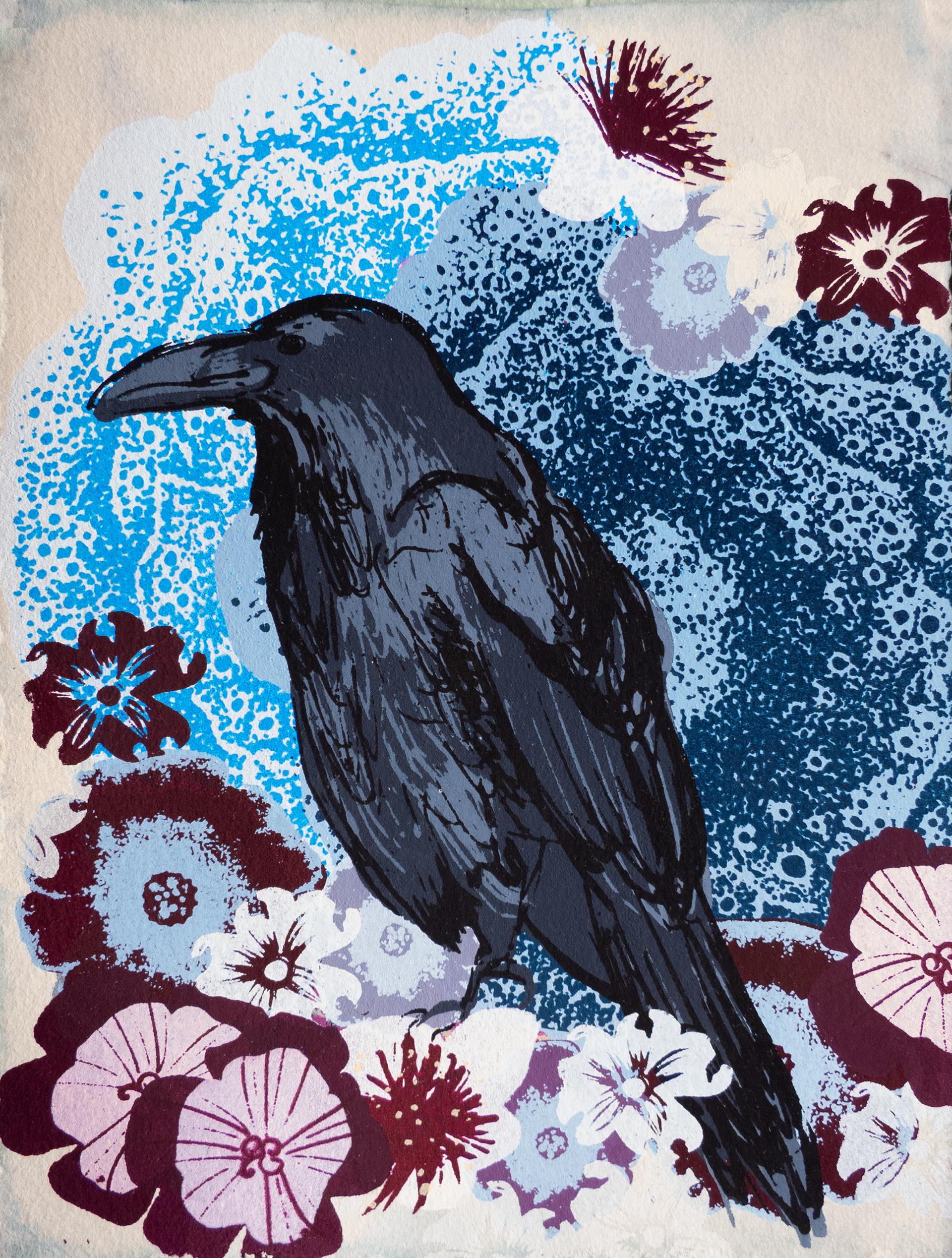 Gloxinia Raven, silkscreen on hand dyed paper, 4.5"x6"