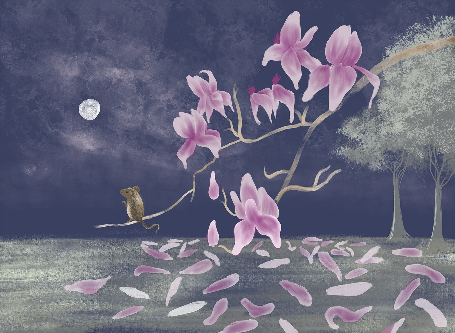 Pink magnolia mouse, digital illustration