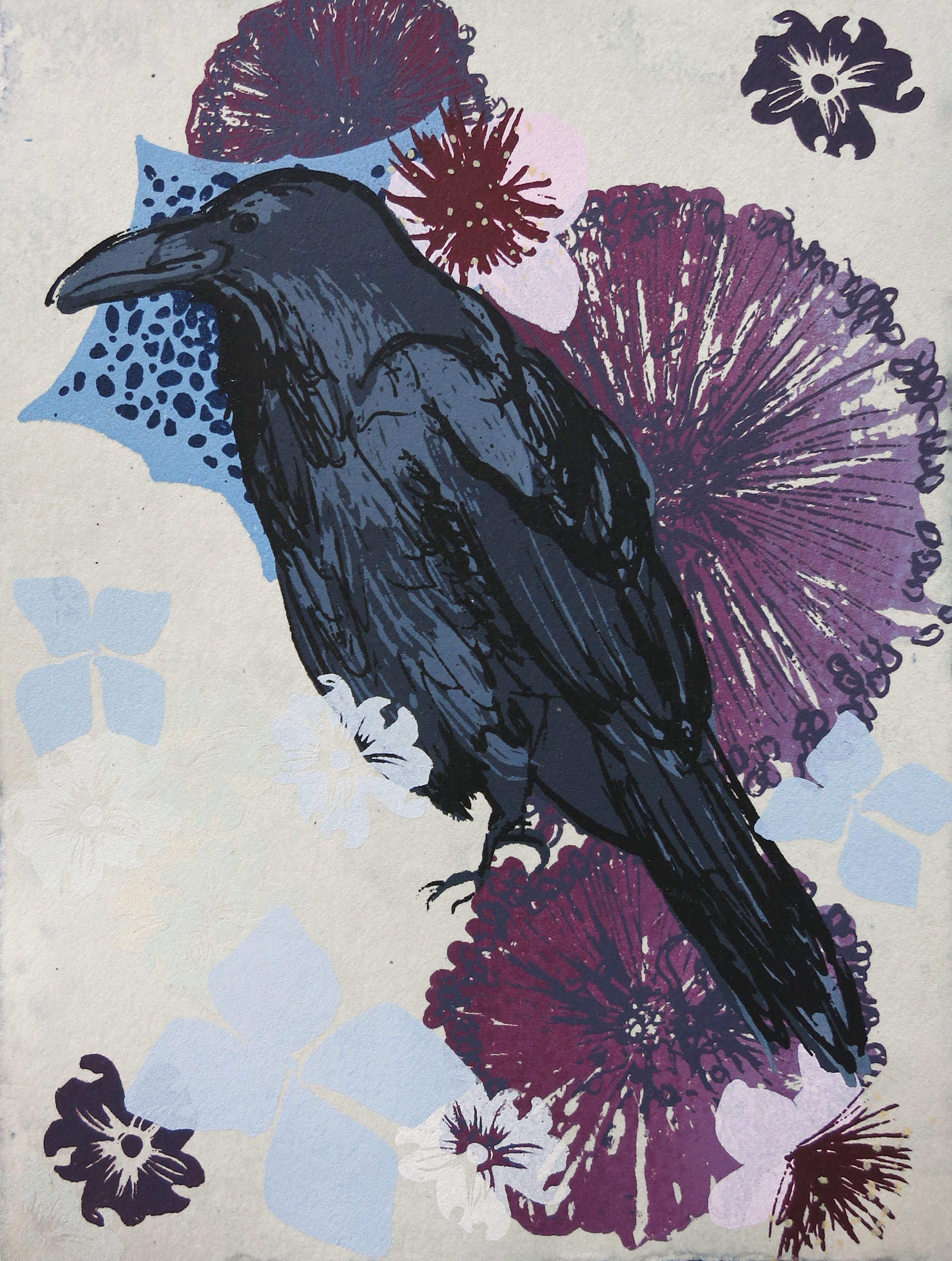Purple Raven, silkscreen on hand dyed paper, 4.5"x6"