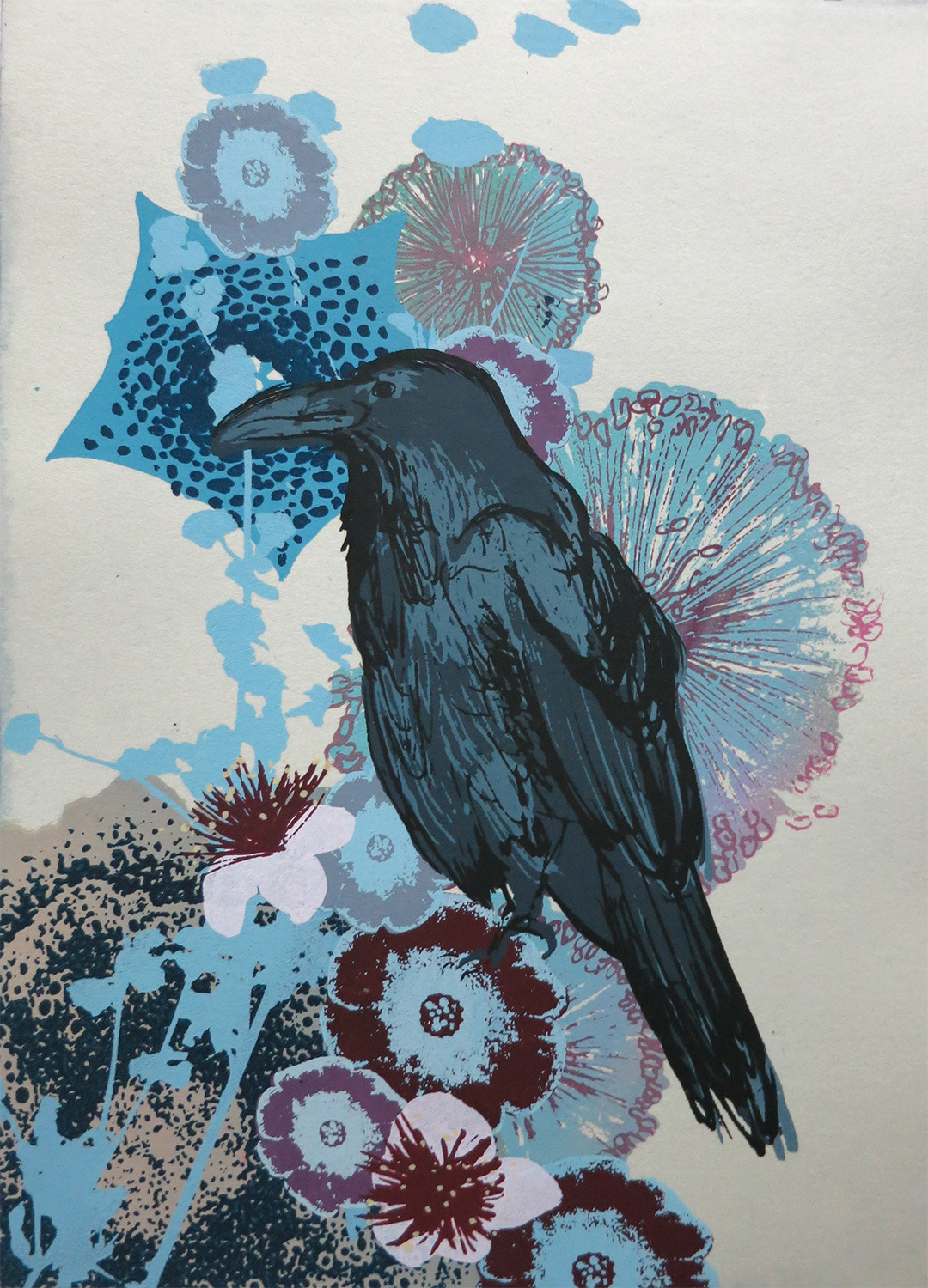 Blue Raven, silkscreen on hand dyed paper. 5" x 7". From the Good Omens series. Available as a design on Redbubble and Society 6