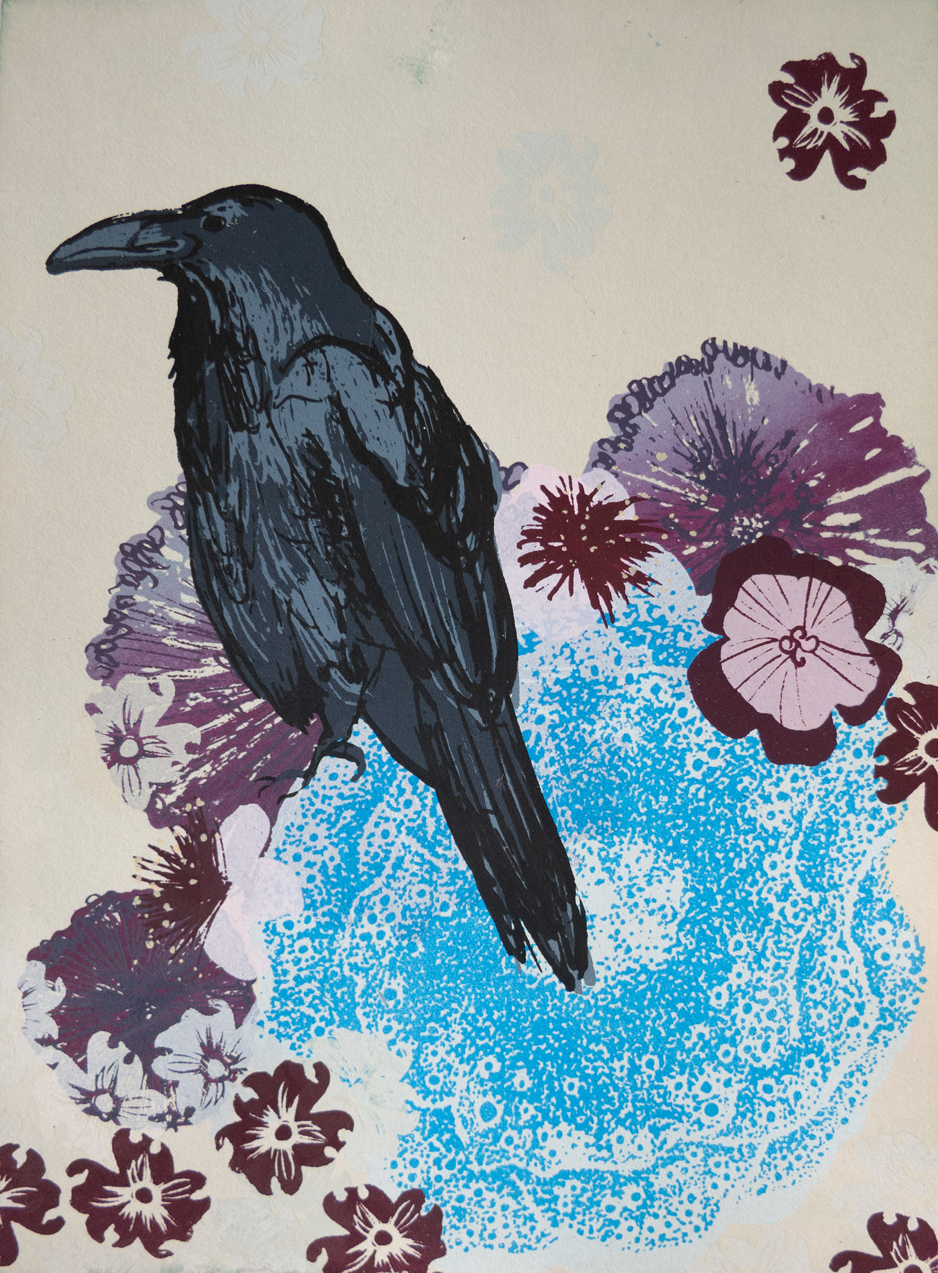 Electric Blue Raven, silkscreen on hand dyed paper, 5" x 7". From the Good Omens series