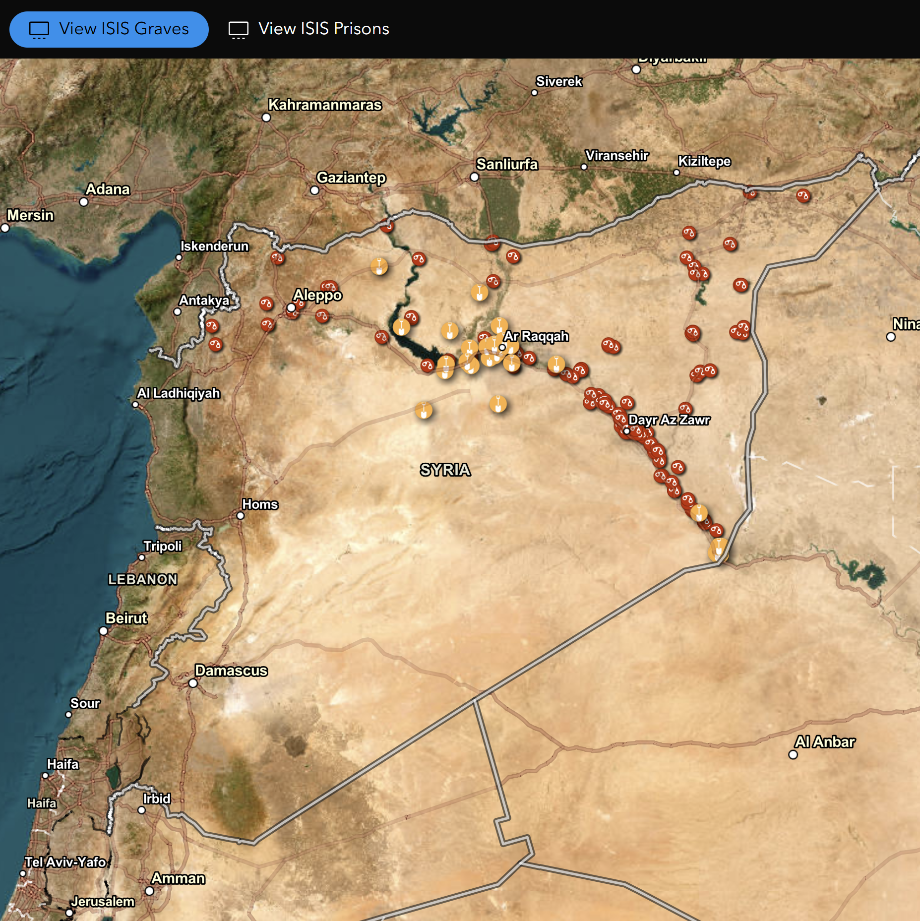 Map showing locations of ISIS graves & prisons in Syria