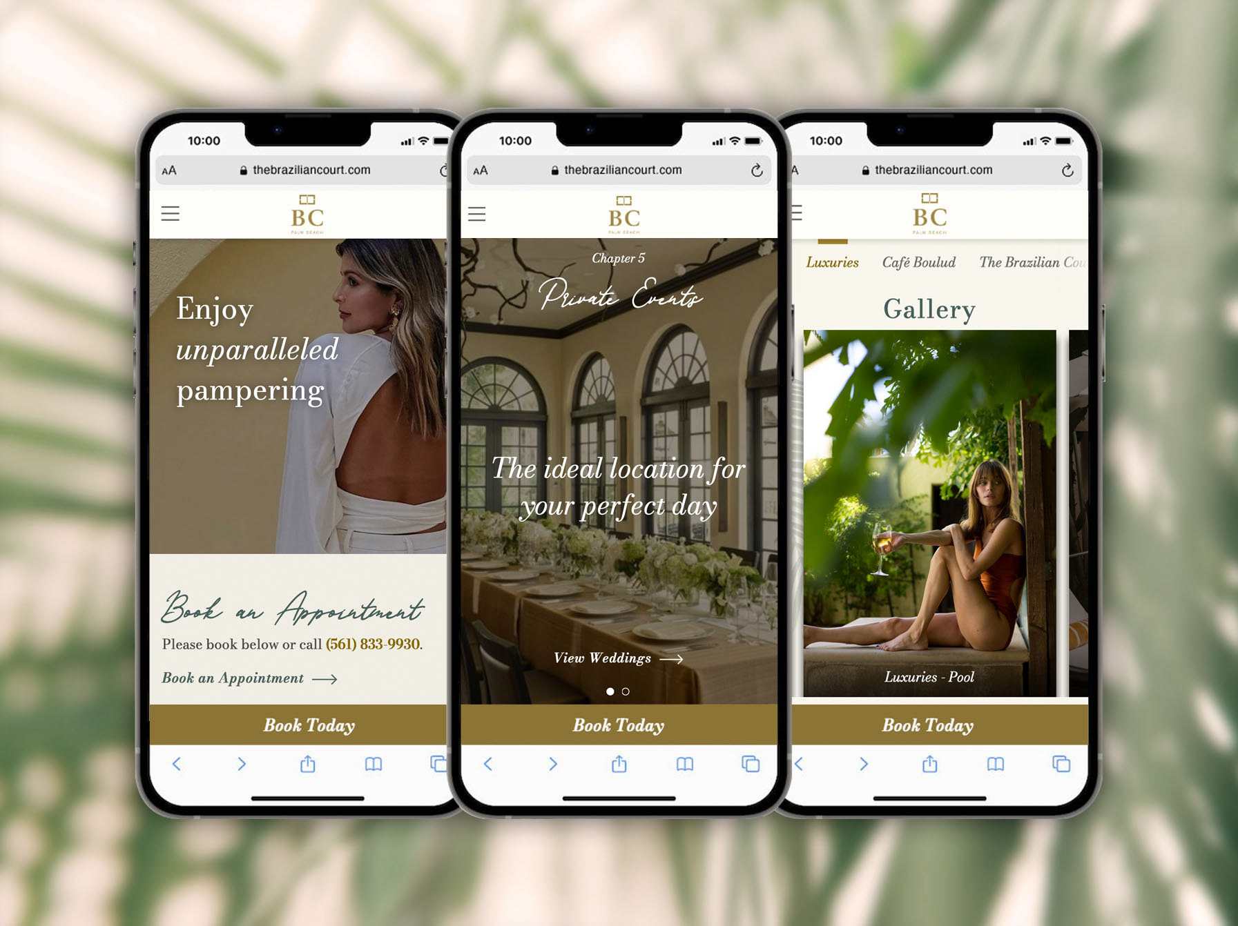 Three phones displaying the spa page, the home page, and the gallery page with palm fronds in the background