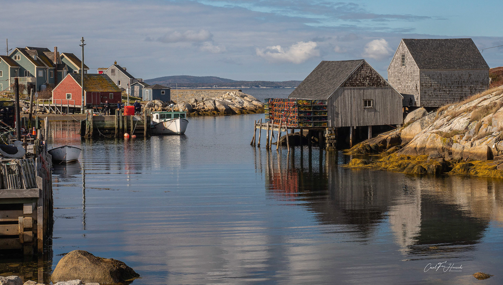 A picturesque scene at Peggy's Cove,  a small, fishing village on the eastern shore of St. Margaret's Bay in Halifax, Nova Scotia.