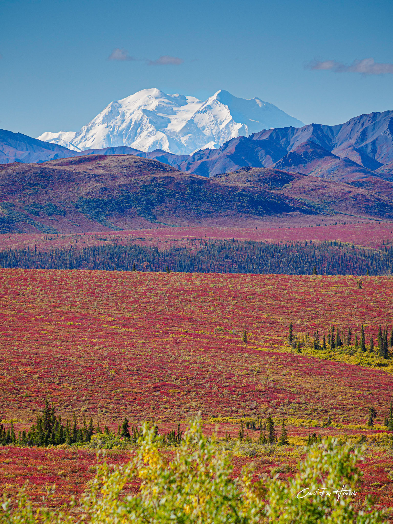 Snowcapped Mount Denali on a sunny day. Denali National Park, Alaska