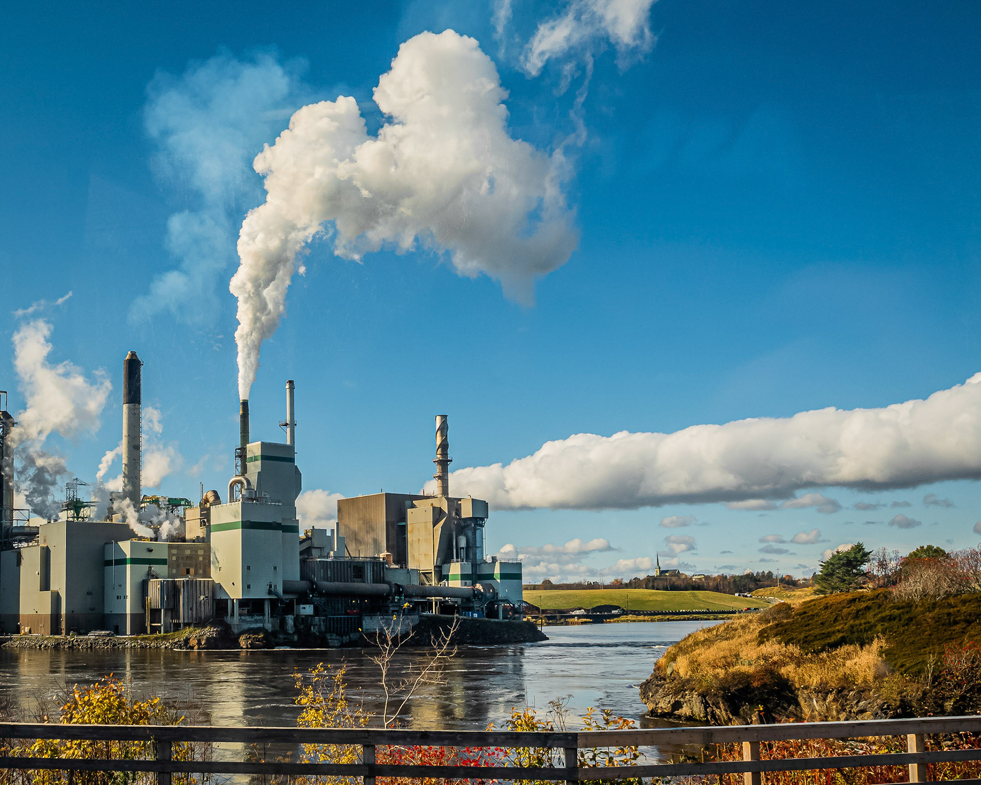 pulp mill on the west side of the reversing rapids on the Saint John River, New Brunswick, Canada.