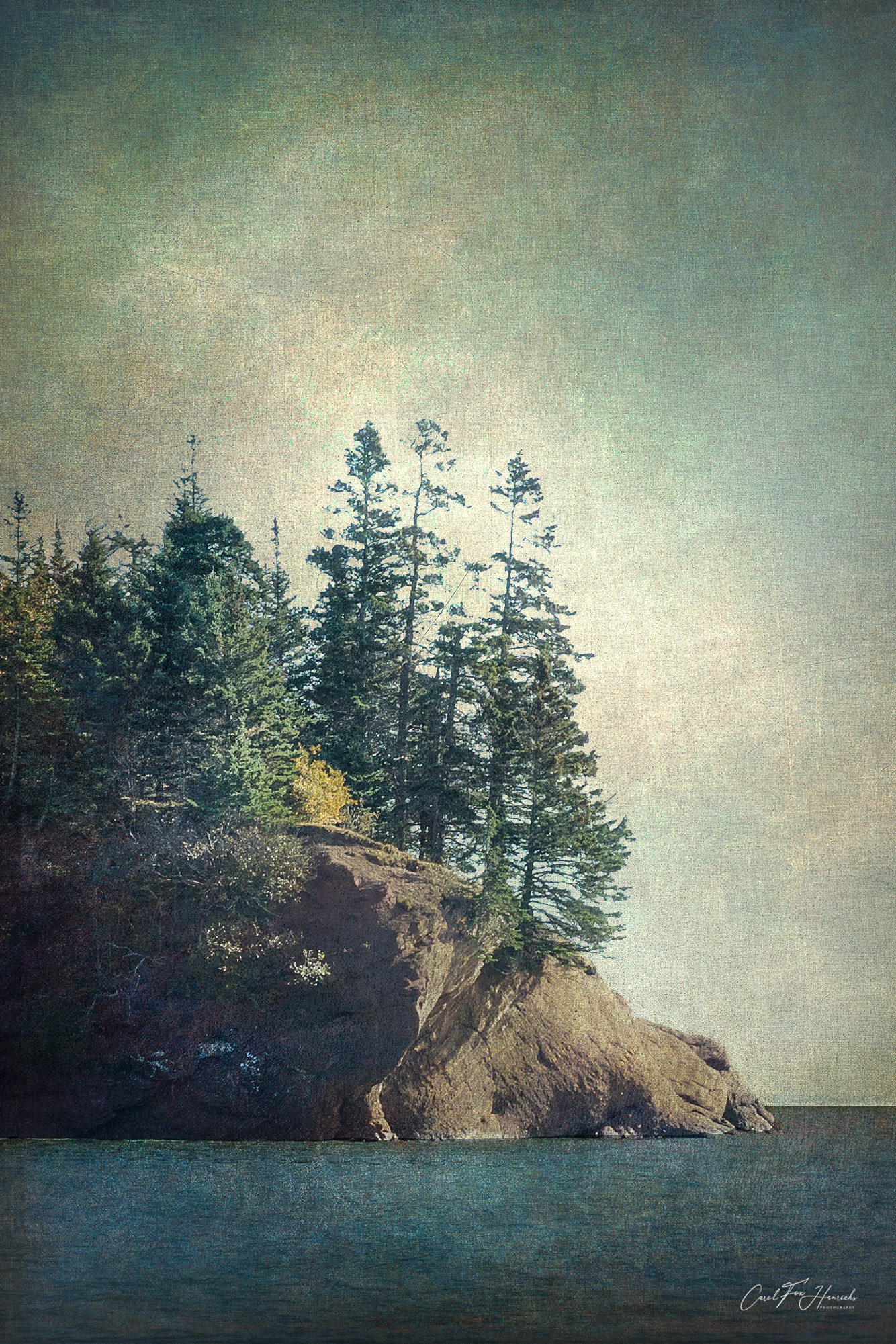 Tall trees thrive on a rocky point off the coast near St. John's, New Brunswick.  No people, no man made structures---just peace and solitude. The muted colors reenforce the feeling peacefulness.