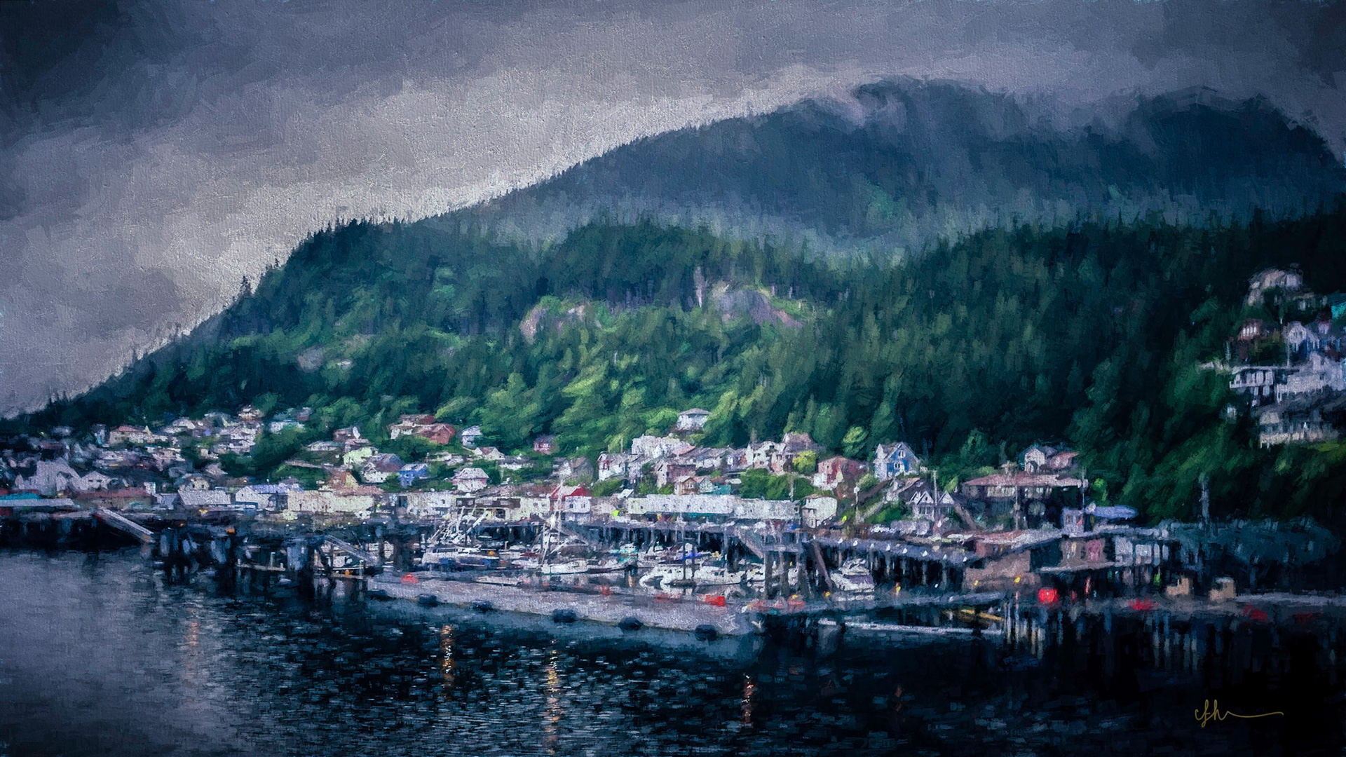 A view of Ketchikan, Alaska from the water, on a dreary morning. Digital Photopainting