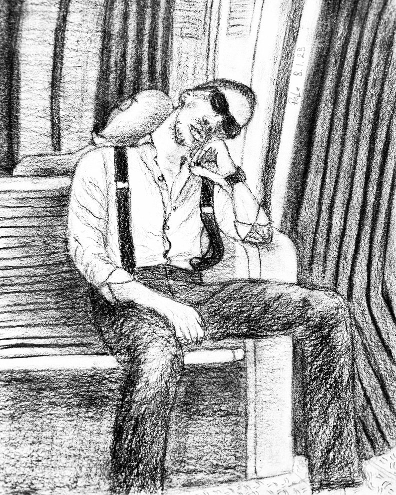 On Paris metro. Charcoal, graphite on Bristol vellum paper. 7 x 5.5 in