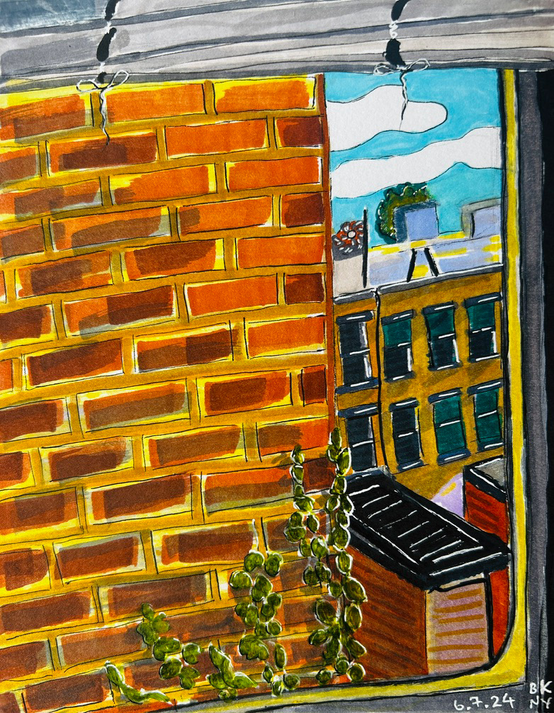 View from my window in Brooklyn. Ink and alcohol markers on Bristol Vellum. 5.5 x 7 in.