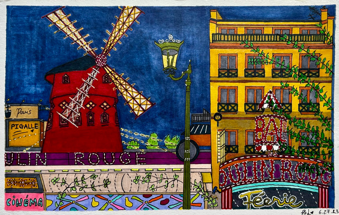 Moulin Rouge. Pencil, ink, and alcohol markers on paper. 7x11 inch.