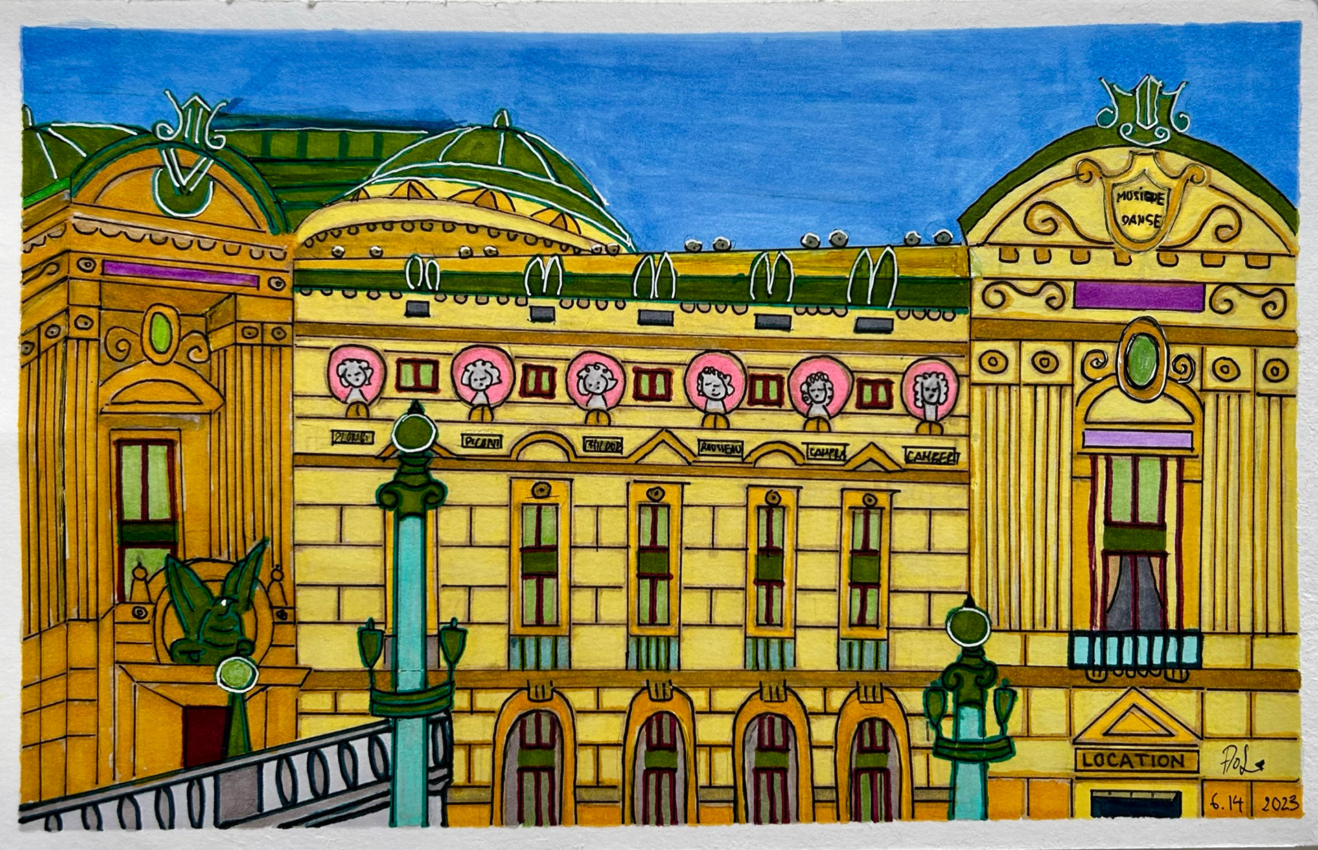 Opéra. Pencil, ink, and alcohol markers on paper. 7x11 inch.