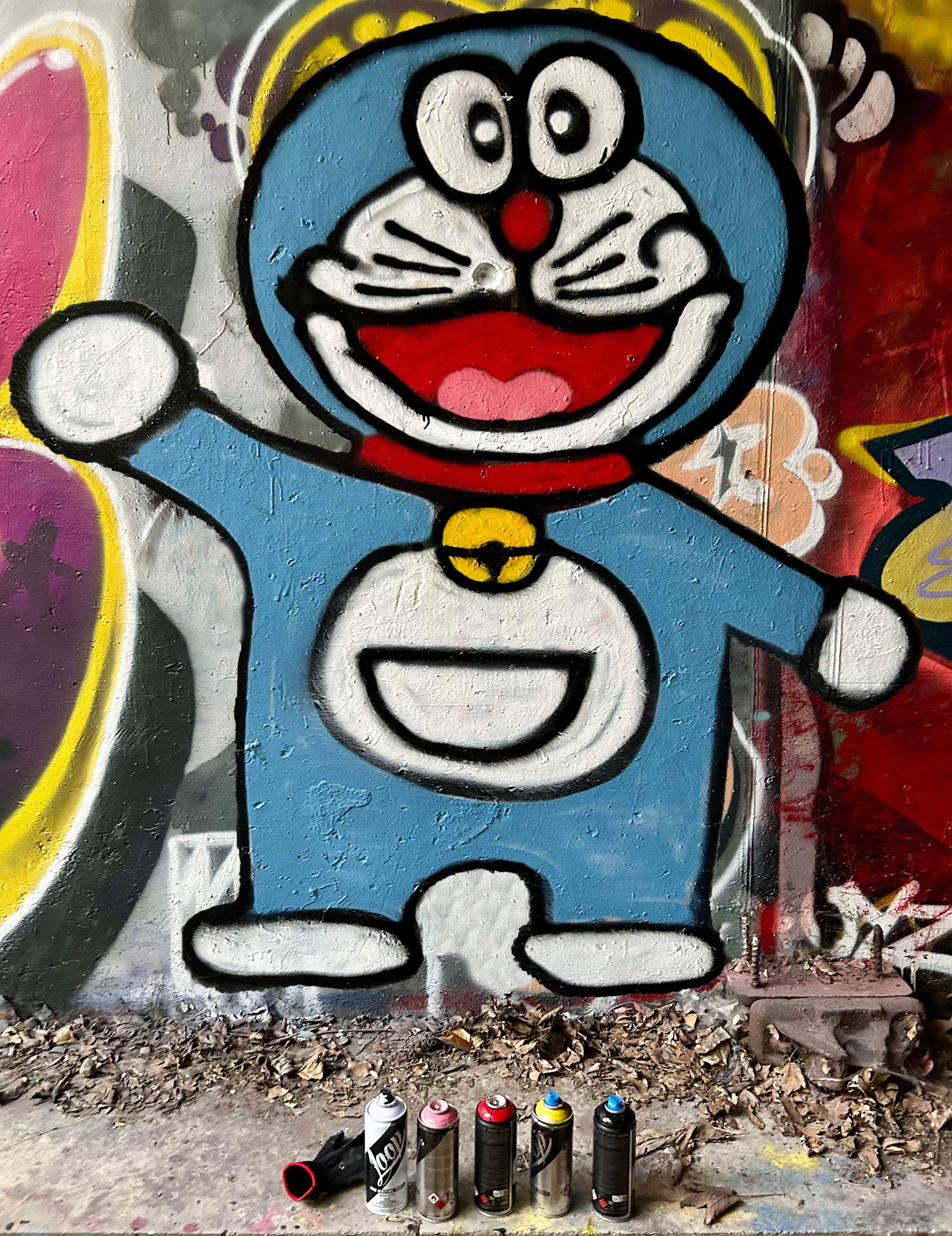 Doraemon at La Petite Ceinture. Spray paint on abandoned wall. 3x5 ft.