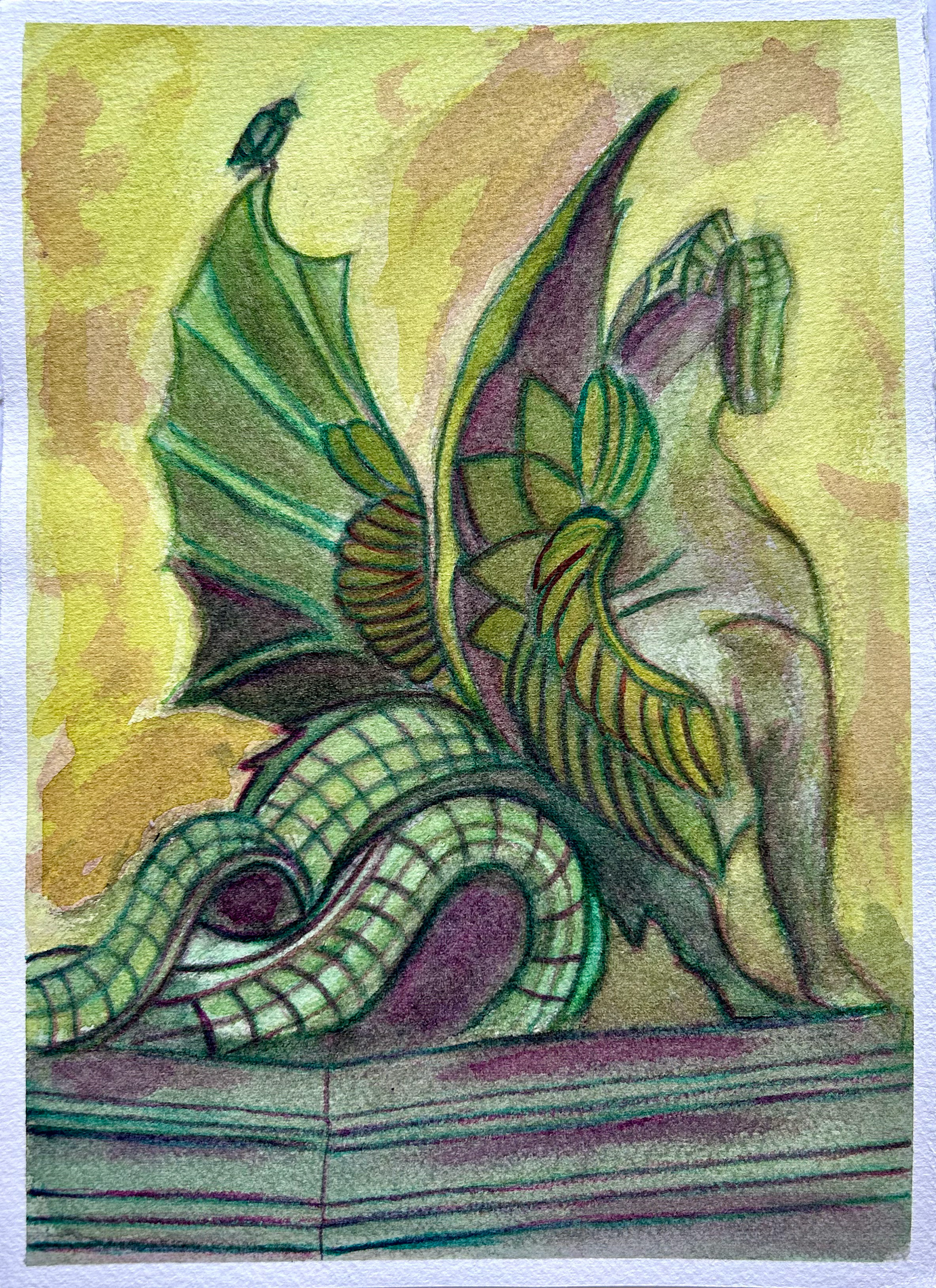 Fontaine de St-Michel, right dragon. Pencil and watercolor on Saunders Waterford paper (300gsm-140lbs). 7.5x11 inch.