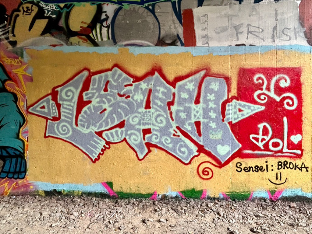 Graffiti/Lettering Art at La Petite Ceinture. Spray paint on an abandoned wall. 5x10 feet.