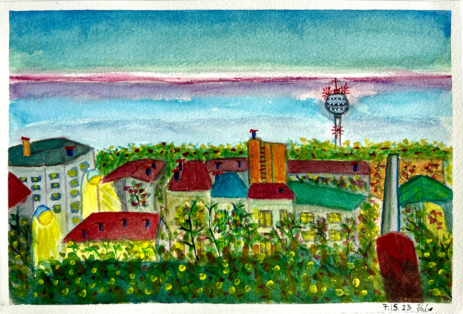 View from my window. Pencil and watercolor on paper. 7.5x11 inch.