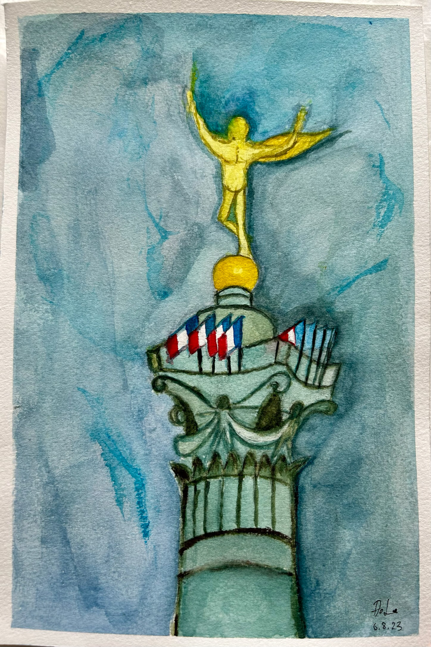 Colonne de Juillet, Place de la Bastille. Pencil and watercolor on Saunders Waterford paper (300gsm-140lbs). 7.5x11 inch.