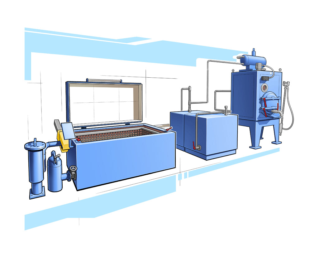 Technissche Illustration einer Industrie-Waschmaschine