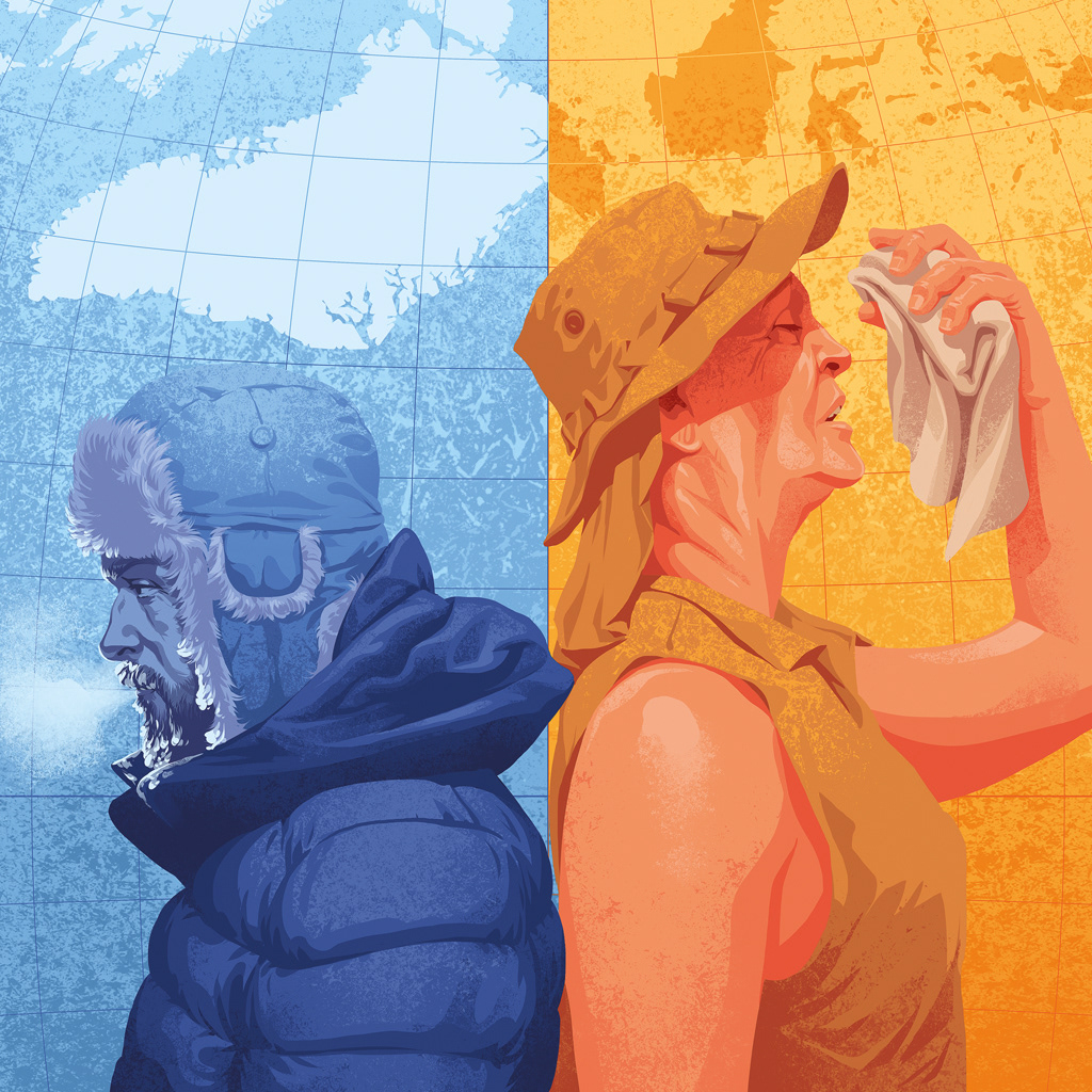 Illustration eines frierenden Mannes in Daunenjacke und Pelzmütze, Rücken an Rücken mit schwitzender Frau mit Tropenmütze