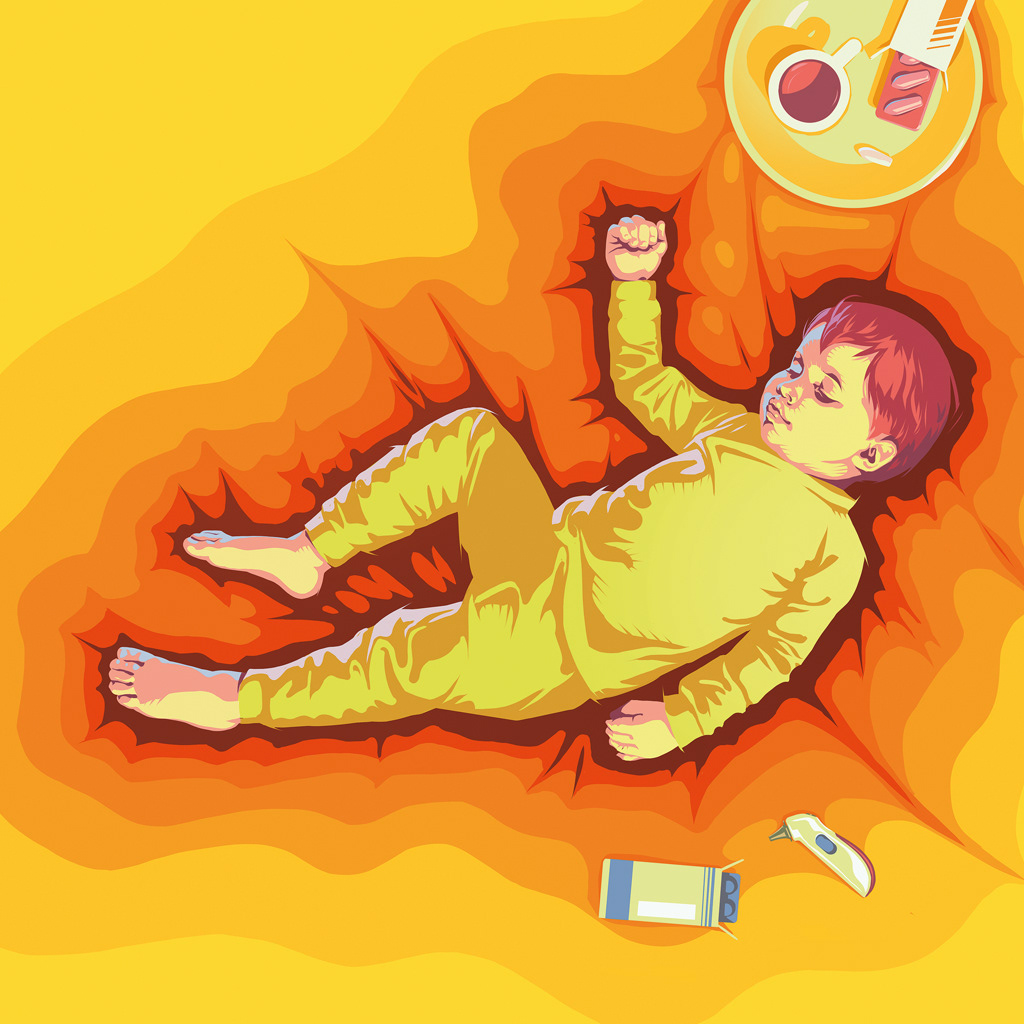 Grafische Illustration eines fiebernden Kindes