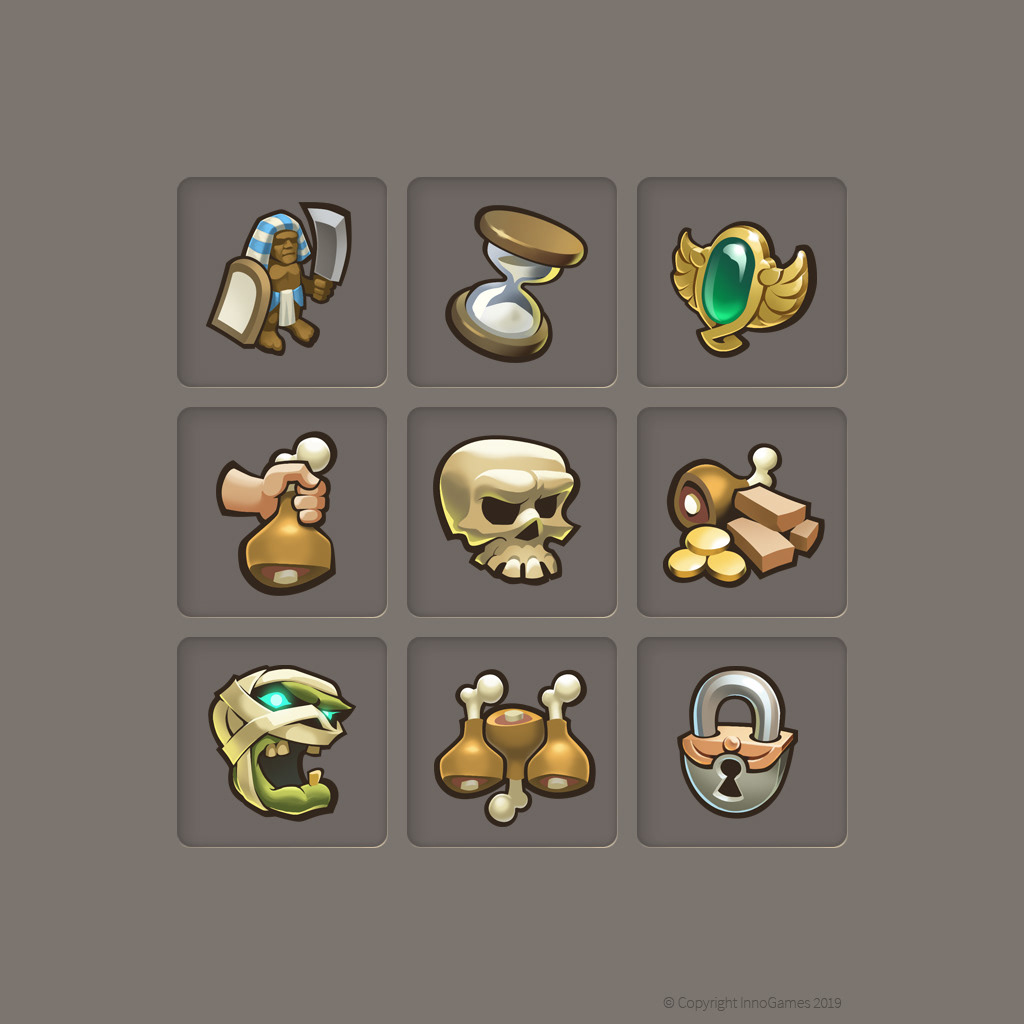 grafisch vereinfachte Icons im cartoon Lookfür das MMO-Strategiespiel GOD KINGS