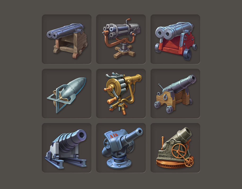 Icons von Geschützen und Waffen des Aufbaustrategiespiels Anno 1800