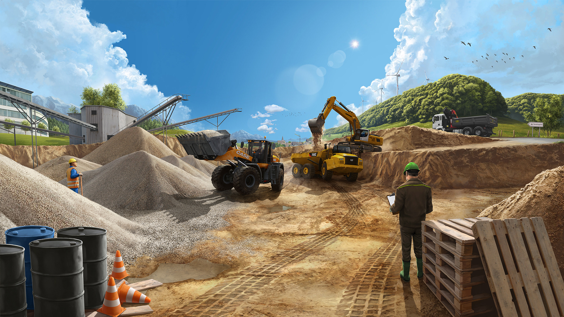 Matte Painting einer Baustelle mit Schaufelbagger, Kipplader und Frontlader