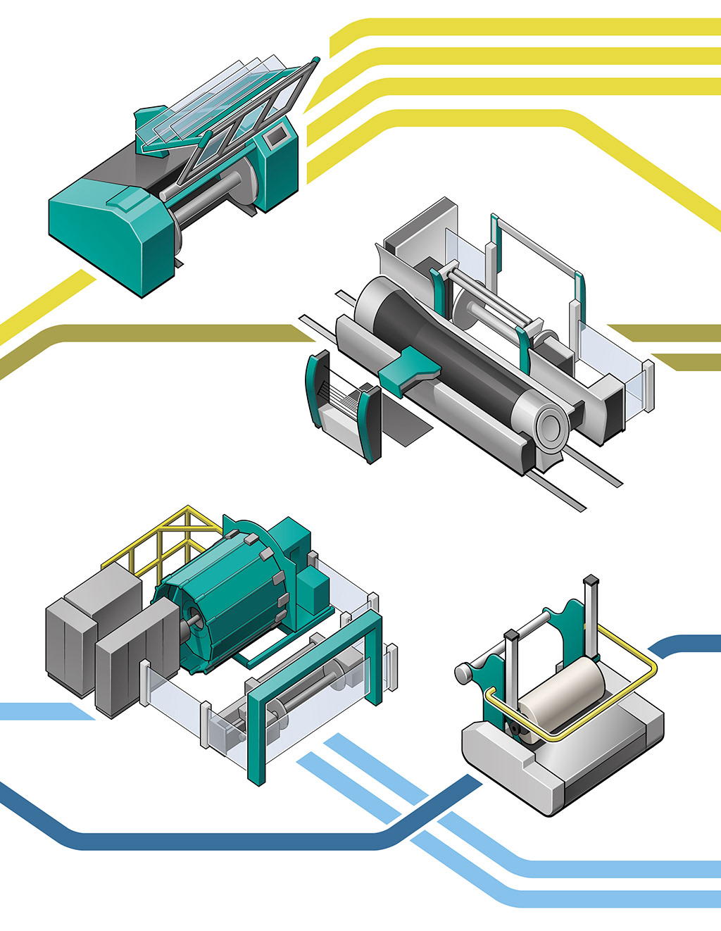 Ausschnitt einer Infografik in isometrischer Perspektivemit Darstellungen von Textilmaschinender