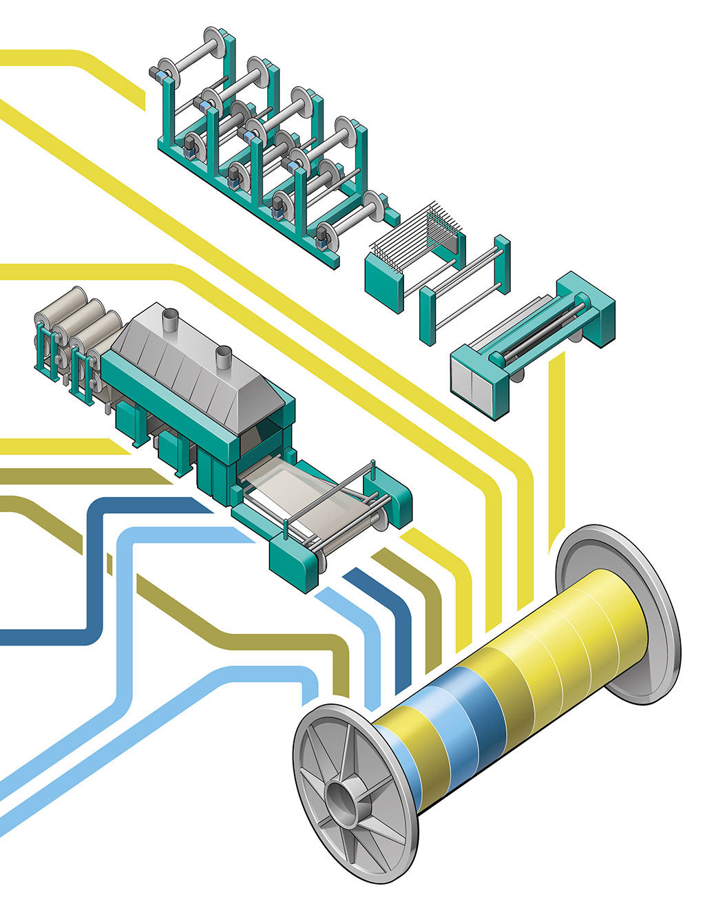 Ausschnitt einer Infografik in isometrischer Perspektivemit Darstellungen von Textilmaschinender