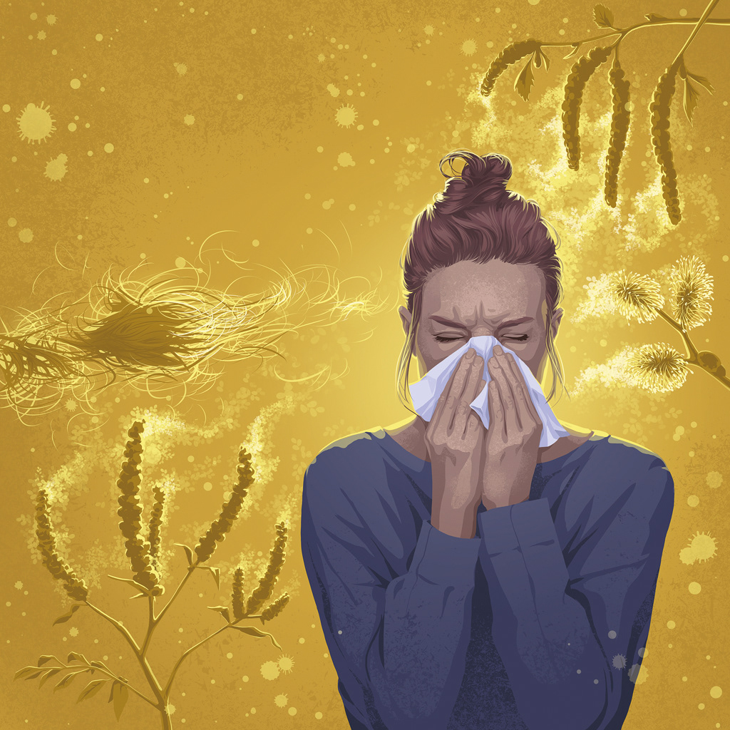 Illustration einer Allergikerin, die sich schnäutzt, während Pollen und Tierhaare um sie fliegen