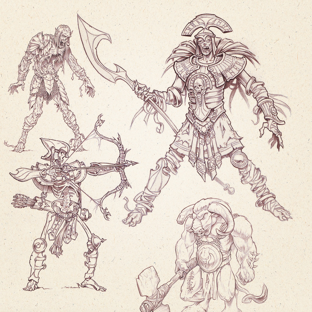 Bleistiftskizzen von Zombies, Skelettkrieger und Minotaurus für Sacred 2: Fallen Angel