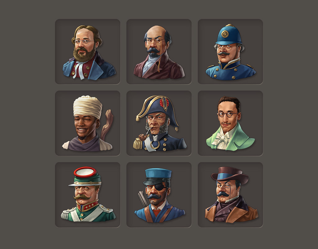 Iconportraits von männlichen Spezialisten des Aufbaustrategiespiels Anno 1800