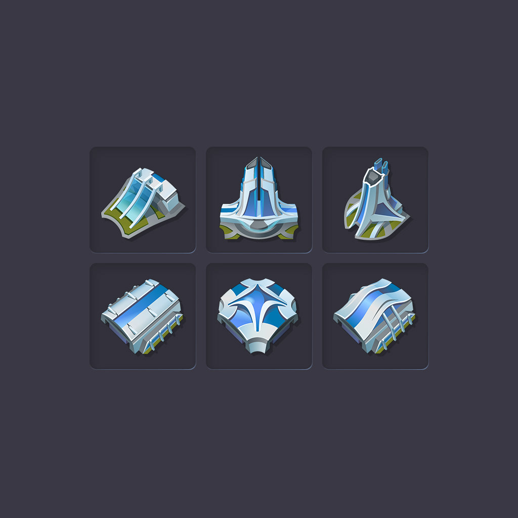 Icons von Gebäude Modulen für Aufbaustrategiespiels Anno 2205
