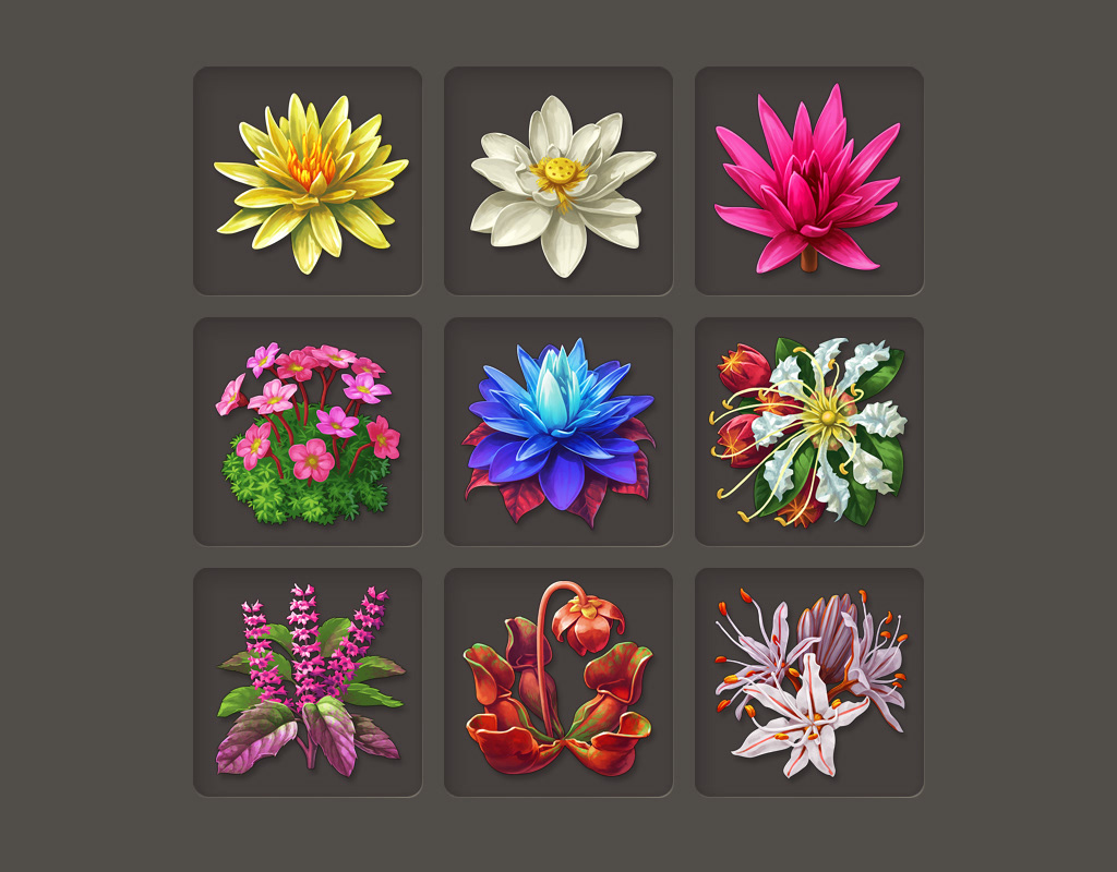 Icons von Blumen der Spielerweiterung "Botanica" von Anno 1800