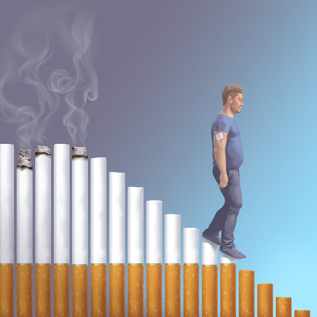 Illustration eines Rauchers, der eine Treppe aus überdimensionierten Zigaretten herabsteigt
