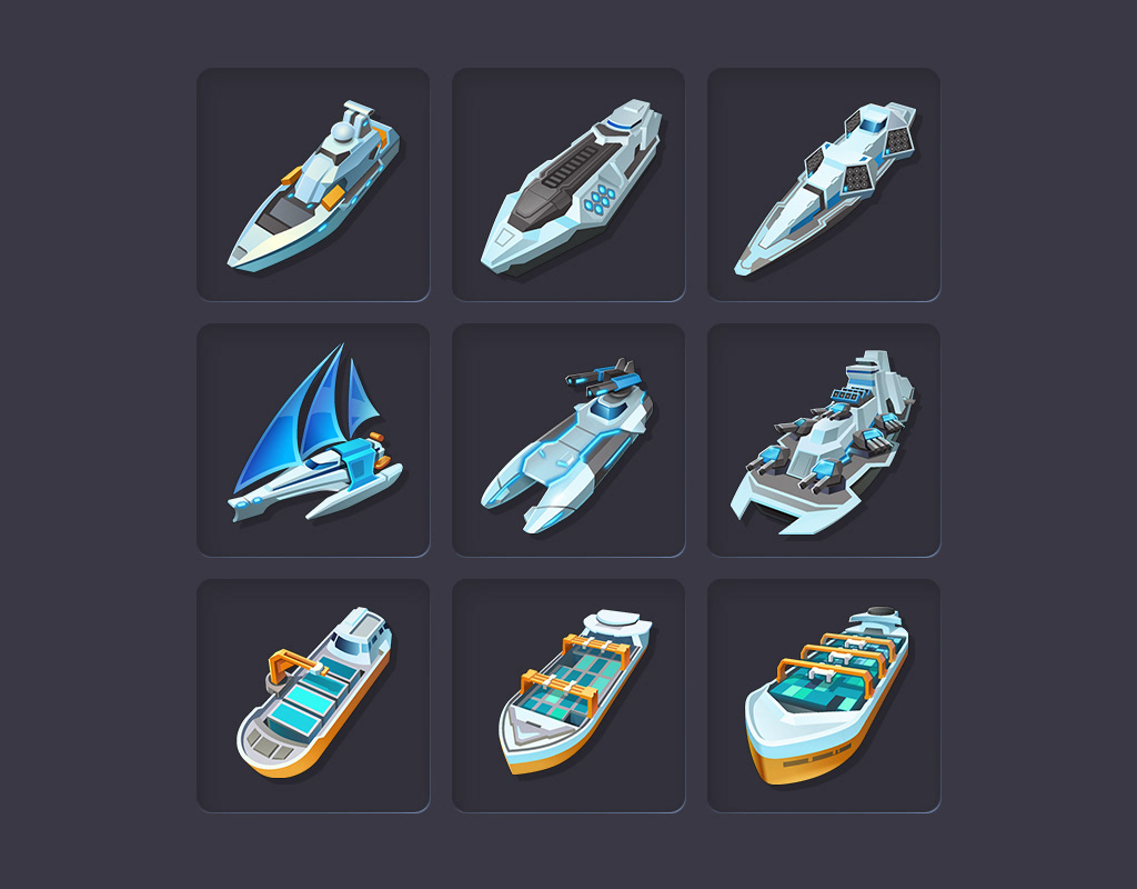 Icons von Transportschiffen und Schlachtschiffen für Aufbaustrategiespiels Anno 2205