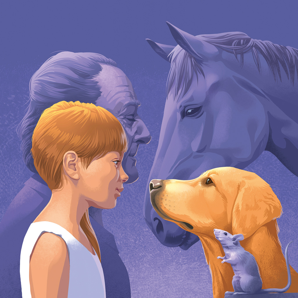 Illustration eines Mädchen und eines älteren Herren mit einem Pferd, Hund und einer Ratte