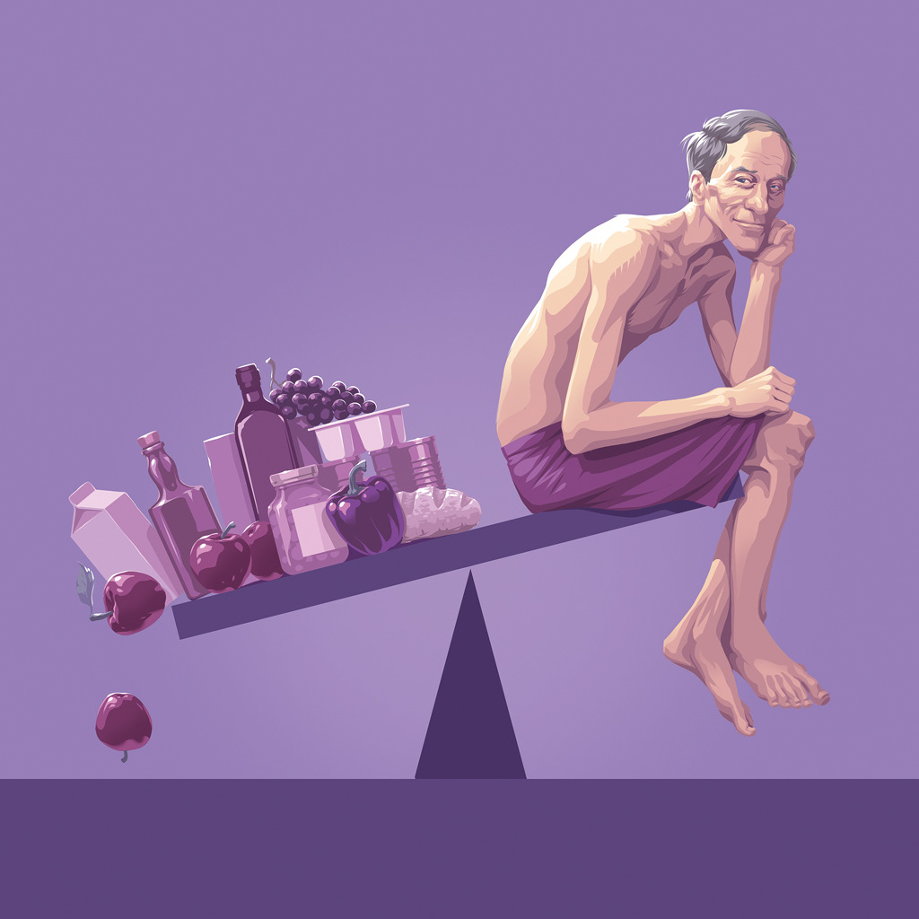 Illustration einer Waage. Ein magerer Mann auf der einen Seite, Lebensmittel auf dder anderen Seite